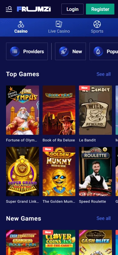 Frumzi Casino games screen on a mobile browser