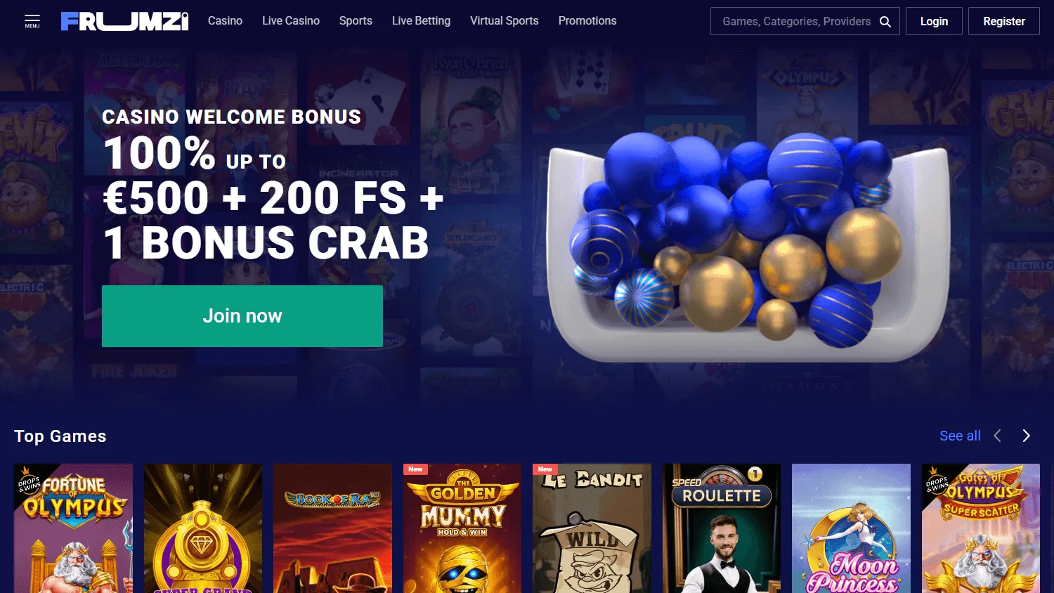 Frumzi Casino home screen on desktop