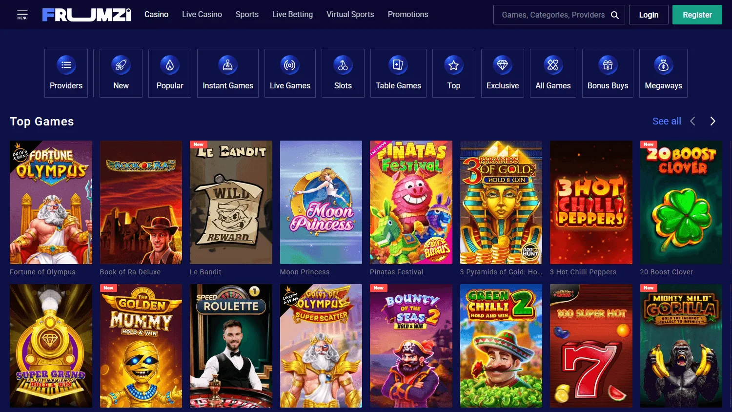 Frumzi Casino games screen on desktop