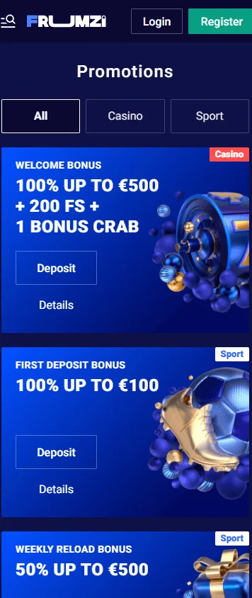 Frumzi Casino promotions screen on a mobile browser