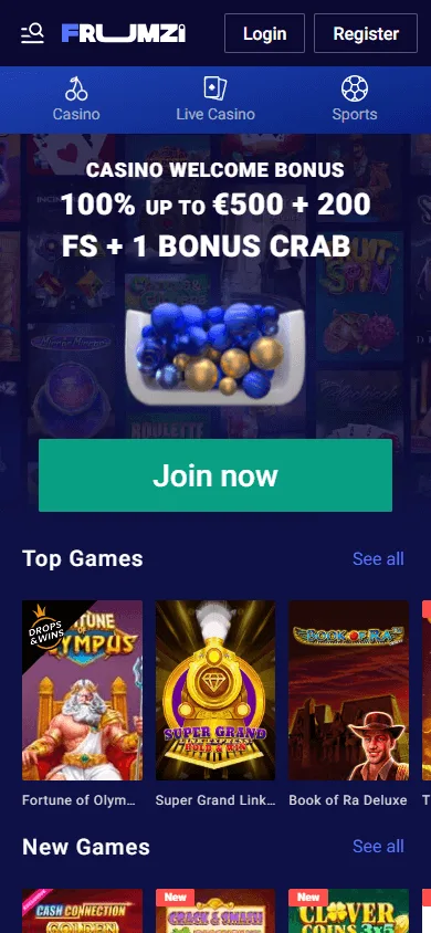 Frumzi Casino home screen on a mobile browser
