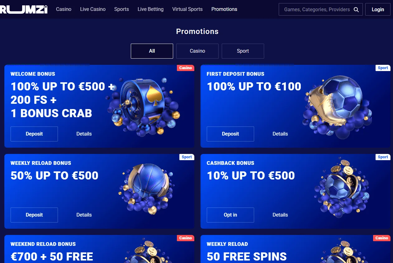 Frumzi Casino promotions screen on desktop